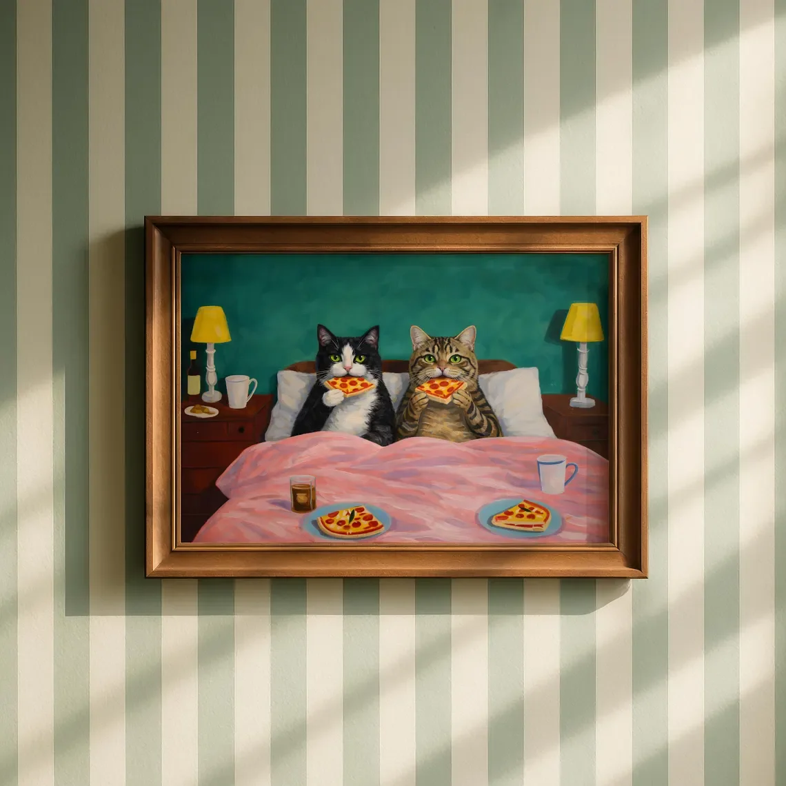 Cozy Pizza Night Cats Wall Art - Whimsical Print Celebrating Feline Comfort Food. The Rich Teal Backdrop and Soft Pink Bedding C