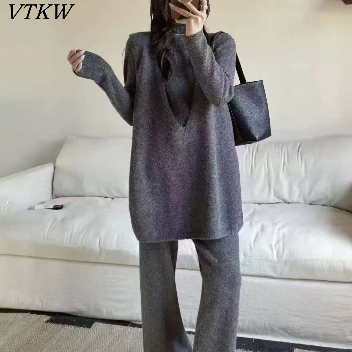 

VTKW 2025 Autumn Winter Women 3 Piece Knit Set Turtleneck Top Vest Wide Leg Pants Grey Casual Office Streetwear Chic Outfit