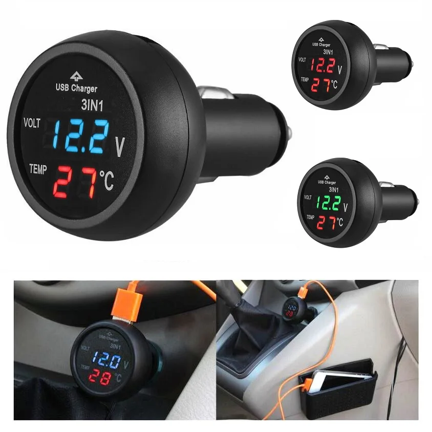 12V 24V LED 3 in 1 Car Volt Meter Car Cigarette Ligter Digital Voltmeter Gauge Thermometer USB Charger Voltage Meter Universal