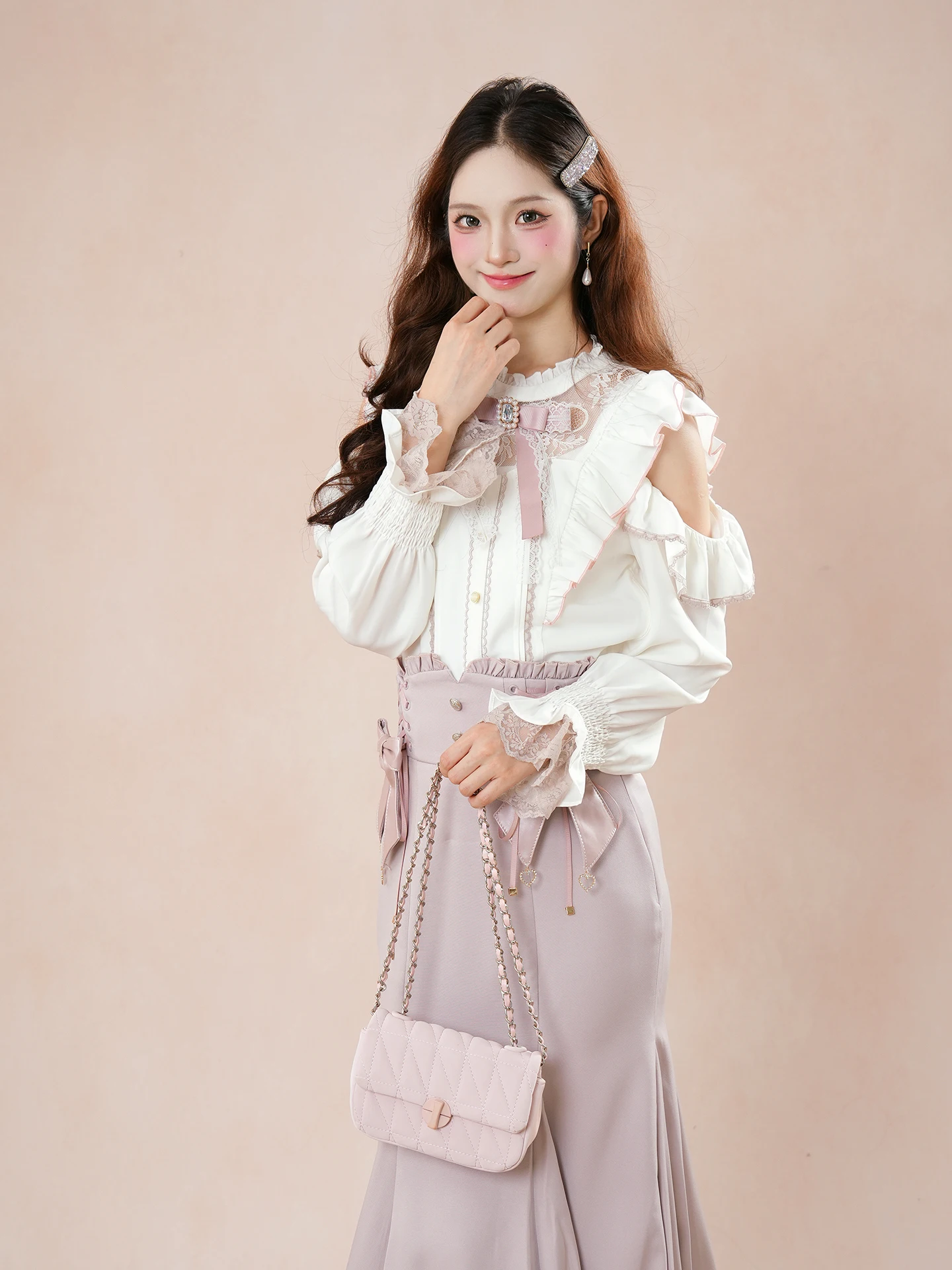 النمط الياباني أنيقة الحلو خارج الكتف قمصان طويلة الأكمام عالية الخصر القوس طويل ذيل السمكة التنانير قطعتين مجموعات للنساء الخريف #6