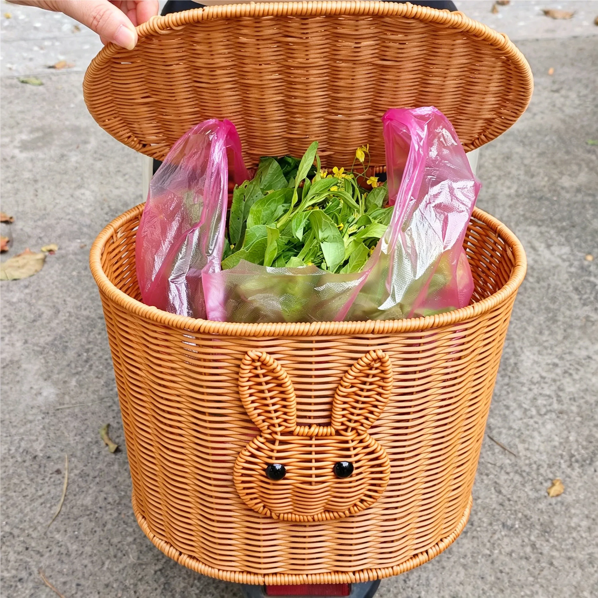 Electric scooter pet basket with dog, motorcycle rear basket for helmet storage, bicycle large capacity bamboo woven box rear