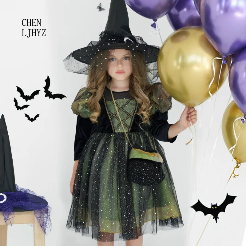 

Halloween and Christmas Cosplay Dress for Girls, Starry Tulle Princess Gown with Long Sleeves for Kids