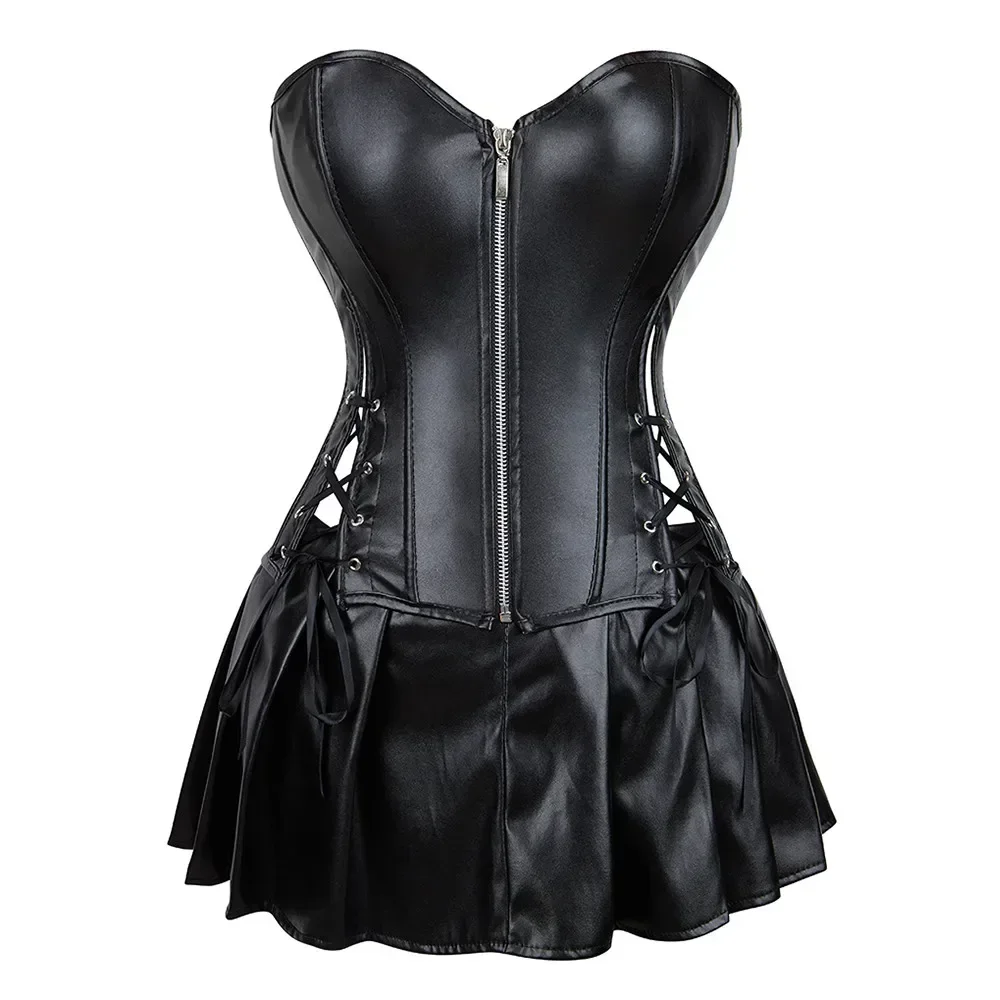 Women Punk Dresses Zipper Gothic PU Leather Corset Top Mini Skirt Sexy Ladies Eyelet Lace Up Pleated Dress