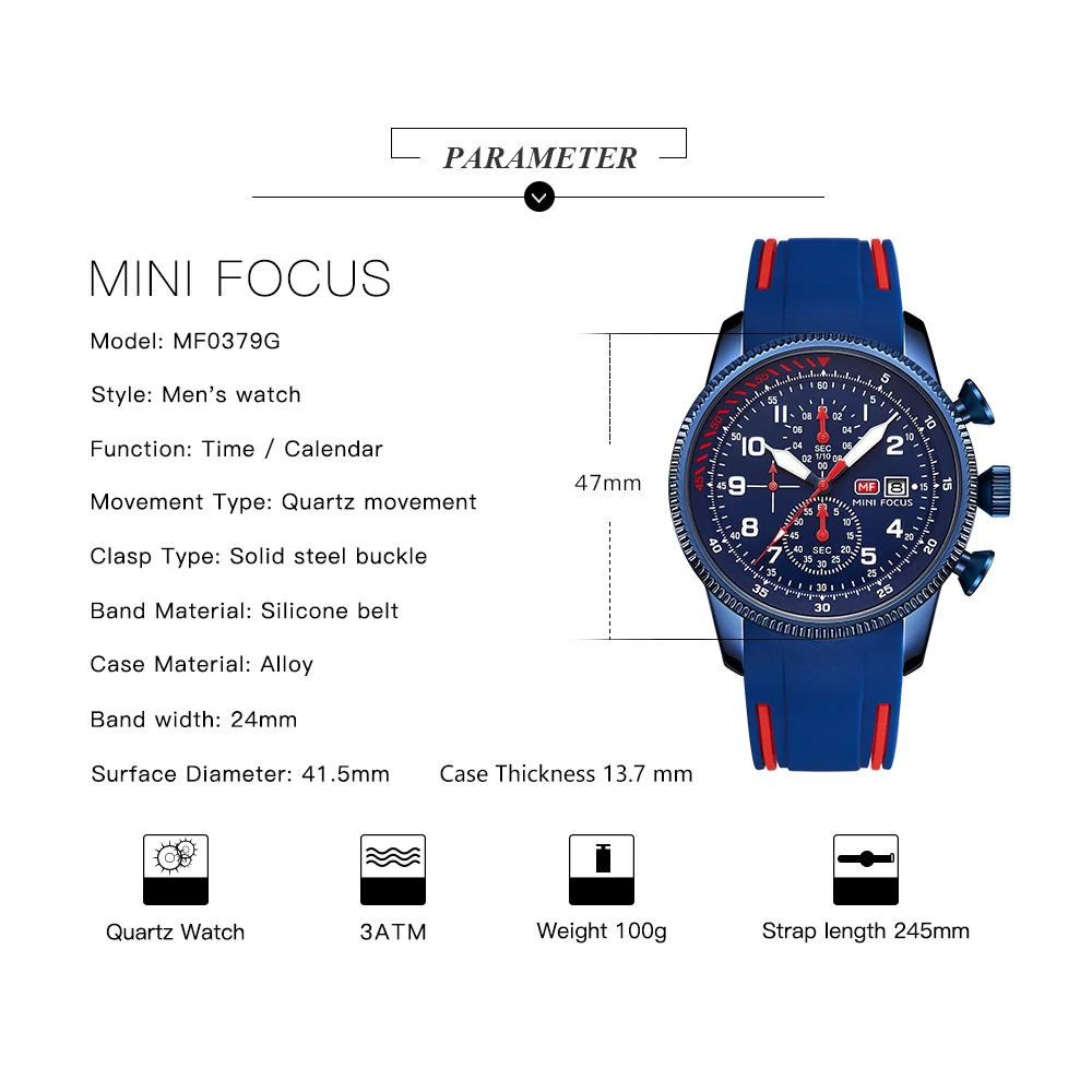 MINI FOCUS 0379 Electronic Quartz Mens Watches Auto Date Wristwatch Water Resistant Clock Gift for Men relogio masculino 0379G