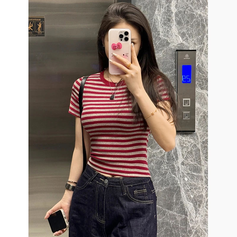 Lightweight Short Sleeve T-Shirt Women's Summer Fashionable Ultra-Thin Luxury Feel Super Popular Top Quality Cotton round Neck