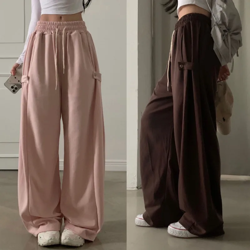 Chic Diagonal Buckle Design Sweatpants Casual Trousers Woman South Korea Elastic Waist Lace Up Versatile Commuter Wide Leg Pants