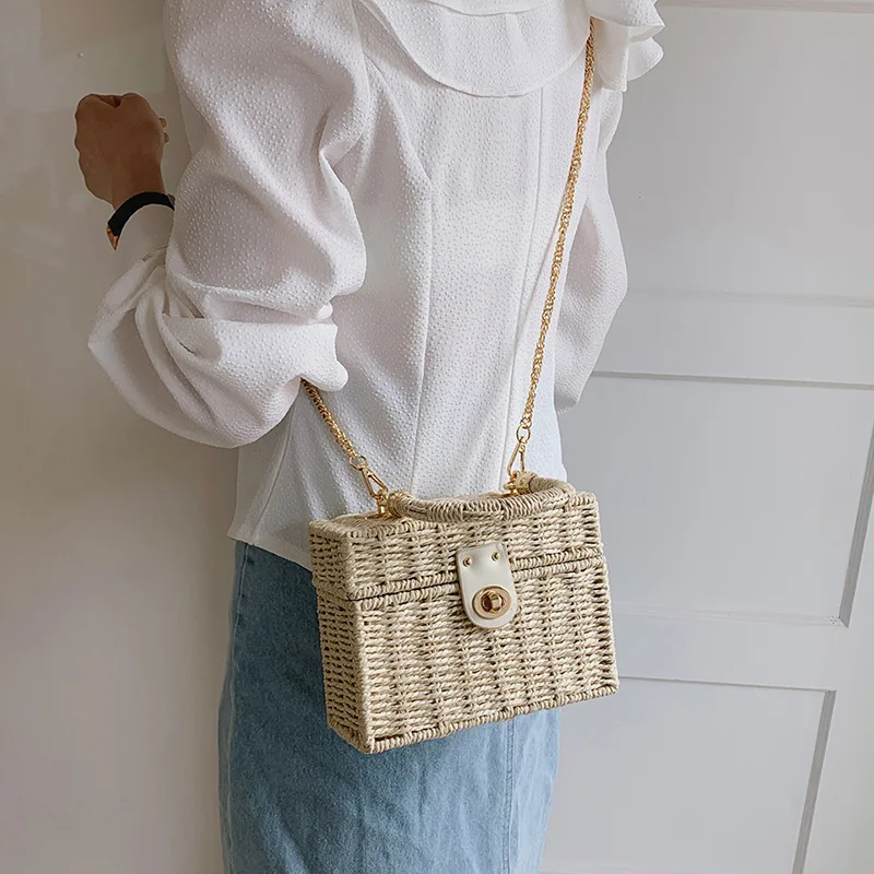 Summer Box Small Purse and Handbags For Women Rattan Straw Woven Crossbody Shoulder Bags Female Fashion Chain Travel Beach Bags