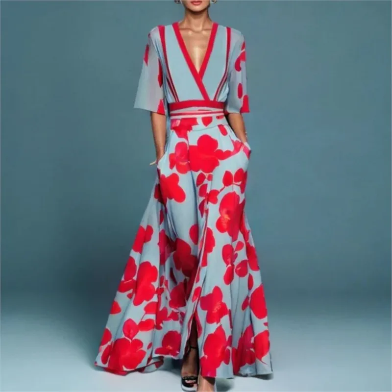 Women Midi Dresses Spring V Neck Belted Party Long Dress Sexy Print Boho Fashion A-Line Dress Short Sleeve Pocket Maxi Dresses