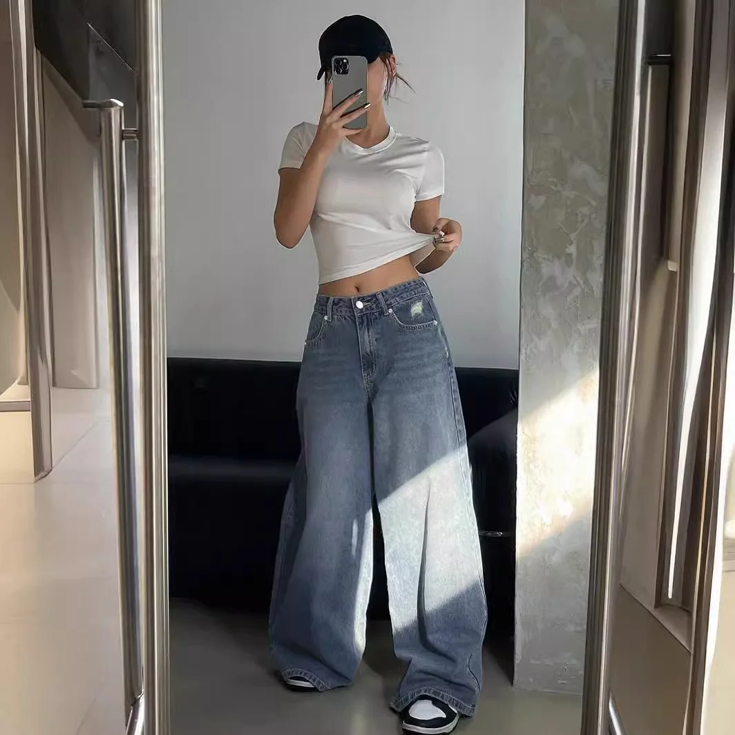 American Casual High-waisted Floor-length Jeans. 2026 Four Seasons New Fashionable Washed Ripped Loose Wide-leg Jeans for Ladies