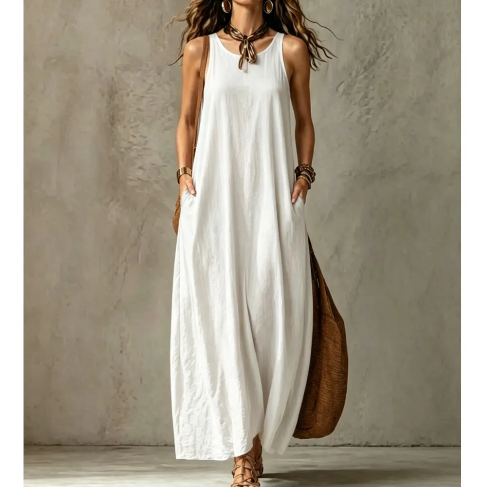 

Elegant Women's Backless Halter Neck Maxi Dress Summer Casual Loose Fit With Pockets Beach Wear Bohemian Sleeveless Dresses