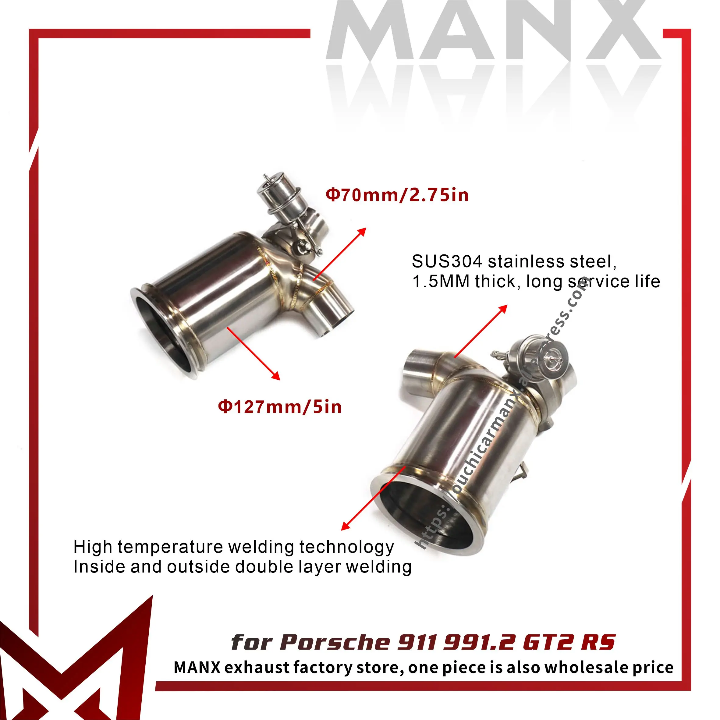 

MANX Downpipe Exhaust pipe for Porsche 911 991.2 GT2 RS SUS304 Precise installation on original vehicle catalyzed