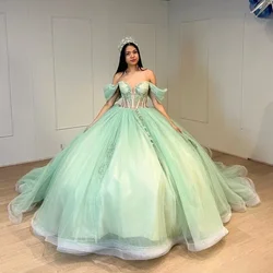 Angelsbridep Customized Sage Green Ball Gowns 15 Year Old Quinceanera Dresses 2025 Cap Sleeves Appliques Vestidos De 15 Años