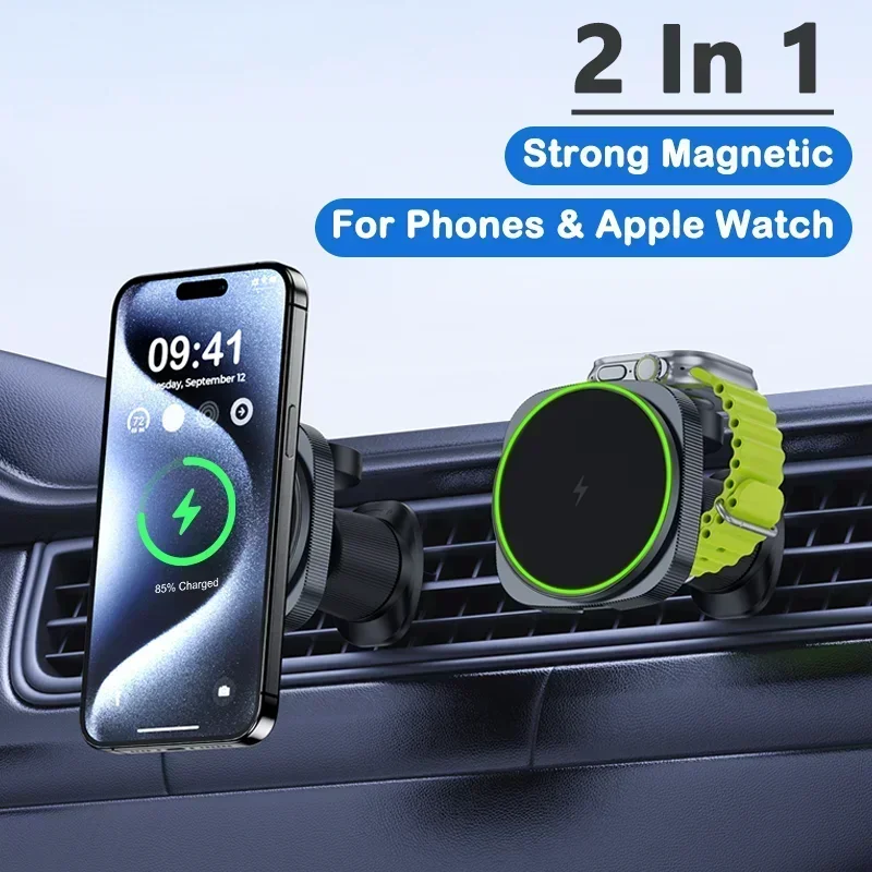2 IN 1 Magnetic Wireless Car Charger For iPhone 15 14 13 12 Pro Max Apple Watch 8 7 Macsafe Phone Holder Car Mount Fast Charging