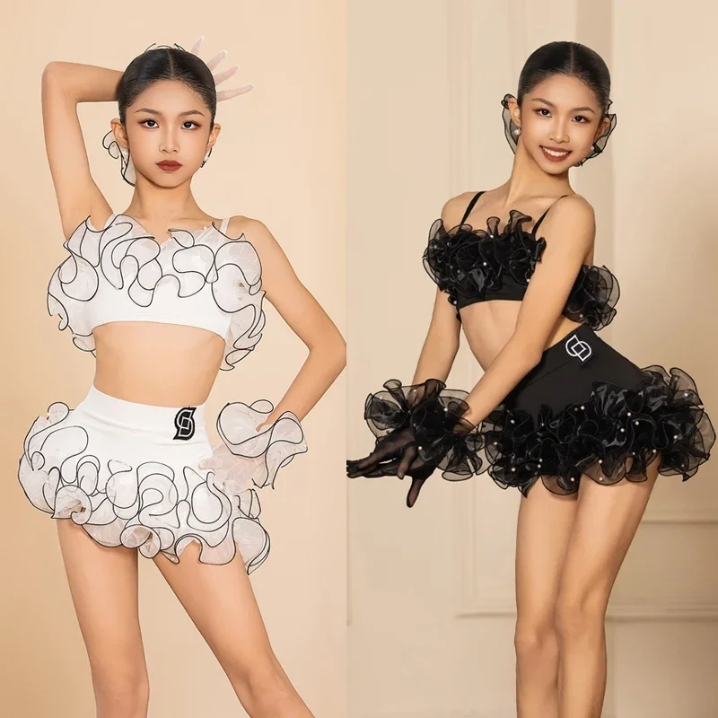 

2025 New Latin Dance Competition Costume For Girls Chacha Latin Dance Lace Suits Kids Salsa Samba Rumba Dance Clothing
