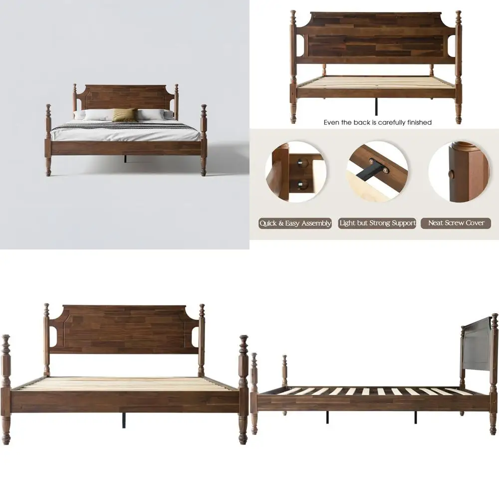 

King Size Solid Wood Bed with Slatted Base, Metal Legs, Easy Assembly, No Box Spring, Walnut Finish