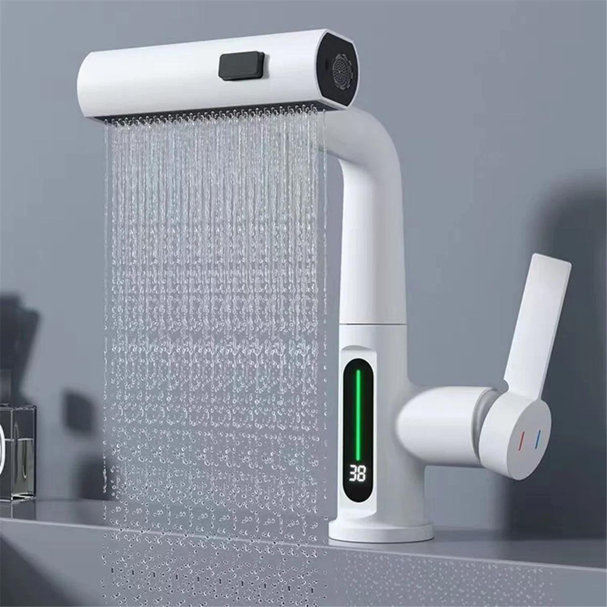 ABXHA شلال حوض صنبور سحب التدريجي المطبخ والحمام صنبور الأمطار درجة الحرارة شاشة ديجيتال لا بطارية بيضاء