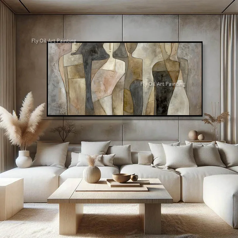 Large Simple Handpainted Beige Brown Canvas People Shadow Oil Painting Abstract Original Home Wall Decor Items Grey Beige Art