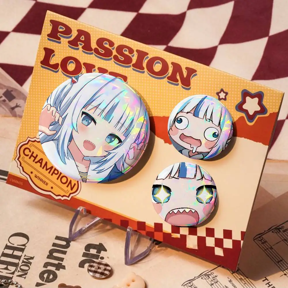 Cartoon G-Gawr Gura For Badge Personalized Custom Laser Reflective Badge Hologram Metal Enamel Pin Brooch Souvenir Gift