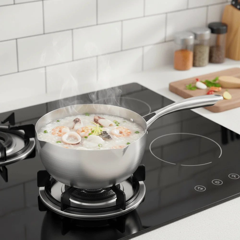 With Glass Lid Stainless Steel Saucepan Flat Bottom with Marking Milk Pot No Coating Dual Side Outlet Port Stew Pot Noodle