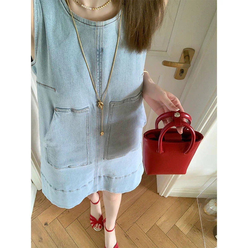 Women Dress Summer Solid Simple Vintage Denim Short Dress Tank Blue Holiday Casual Dress Vestidos