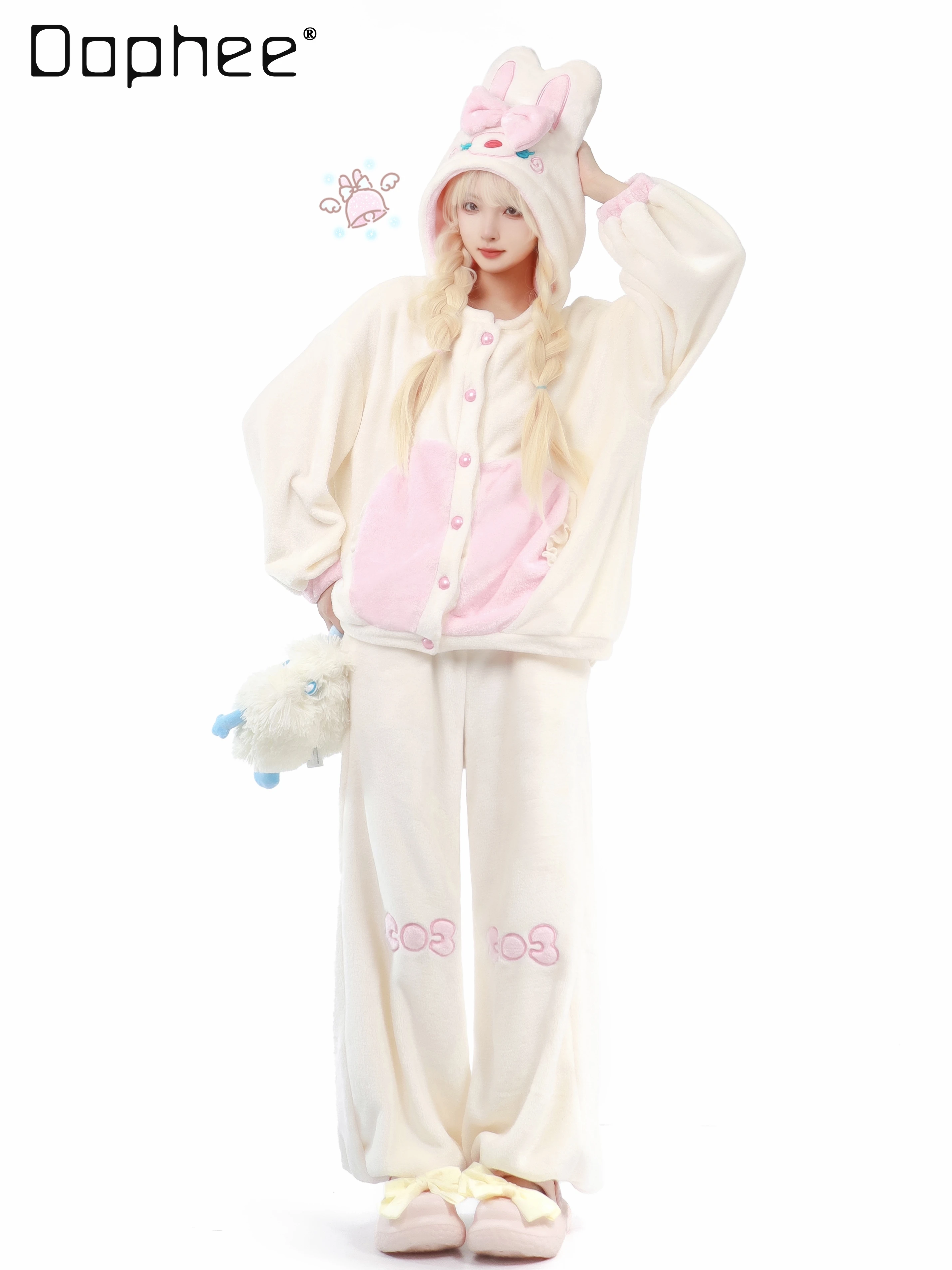 

Women's Thickened Coral Fleece Rabbit Pajama Set Hooded Single Breast Bow Big Pockets Sleepwear 2024 Winter Home Clothes