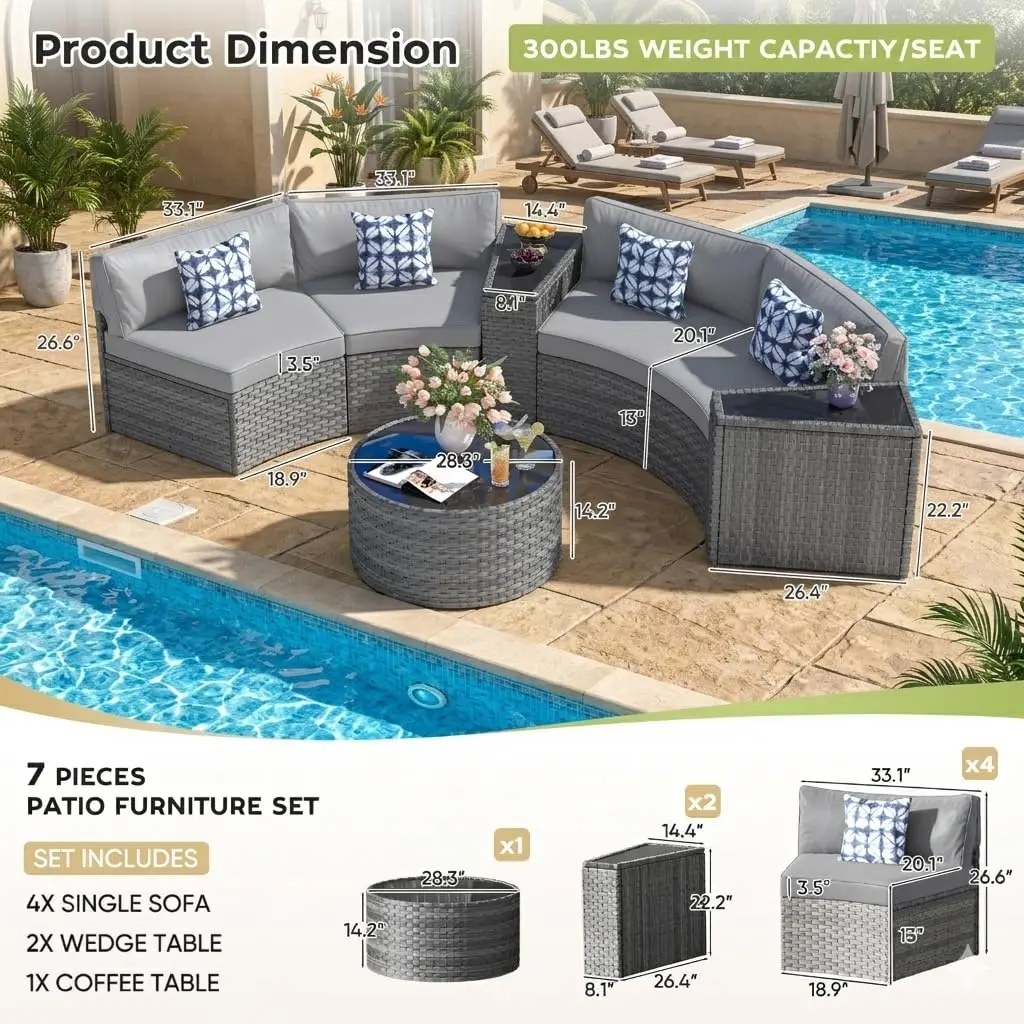 Outdoor Patio Furniture Set with Coffee Table,7 Pieces Half-Moon Curved Outdoor Sectional Sofa and Side Table, Customized