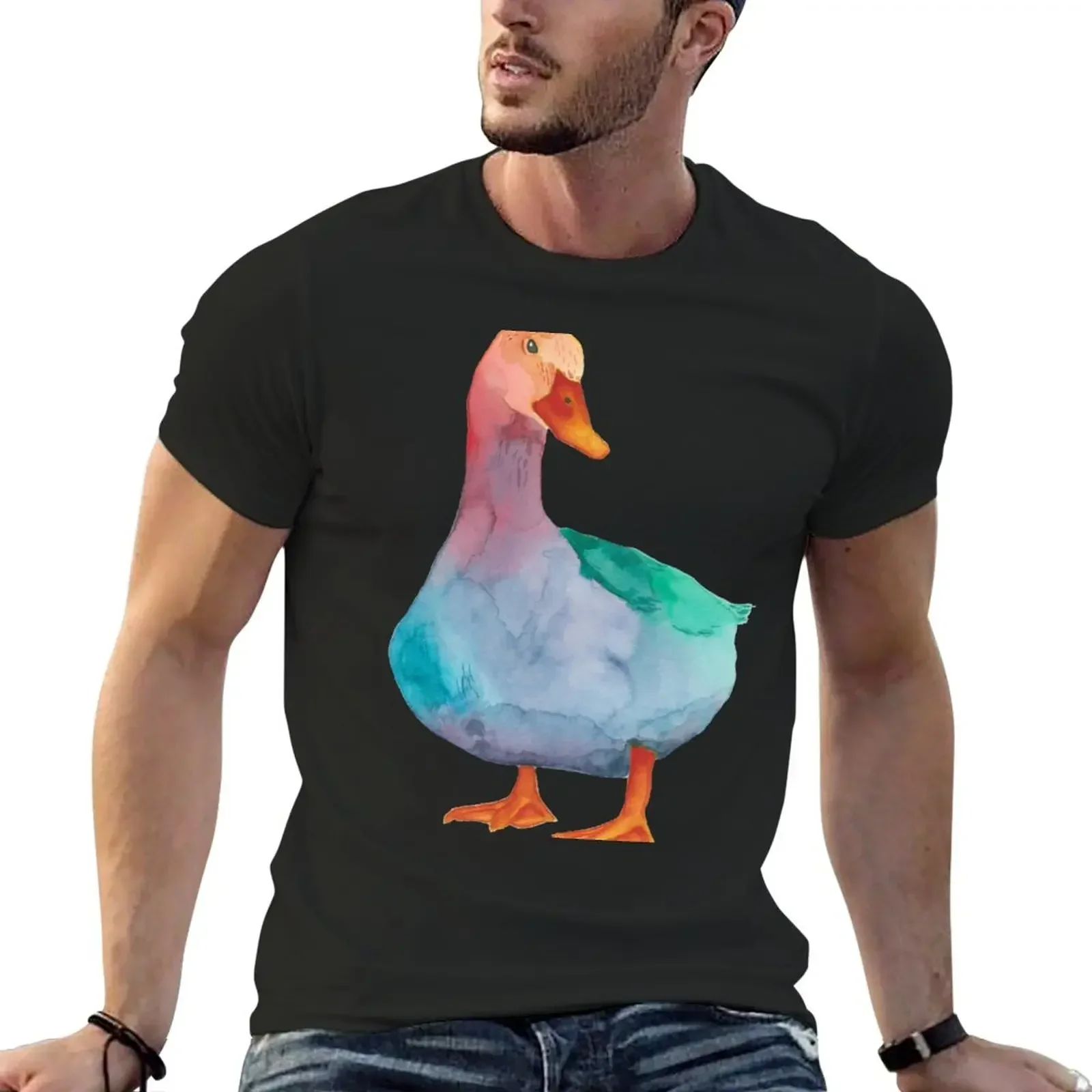 

Rainbow Duck Colorful Bird Art T-Shirt customizeds korean fashion mens tall t shirts