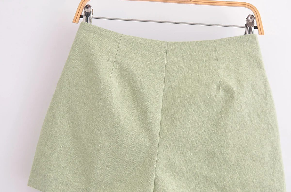 Tangada 2024 Women Green Cotton Linen Shorts Vintage High Waist Zipper Fly Female Short Pants 6P063