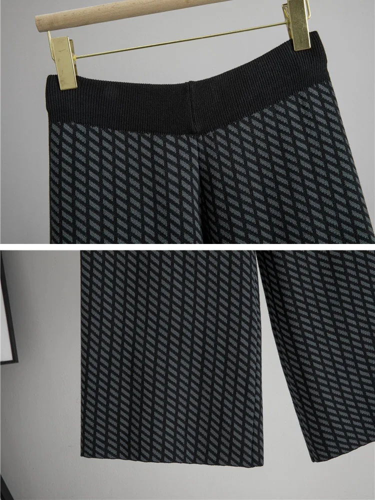 الكورية تصميم محبوك 2 قطعة مجموعات أنيقة بولو الرقبة تريكو سترة سترة القمم Conjuntos عالية الخصر بنطال ذو قصة أرجل واسعة الزي