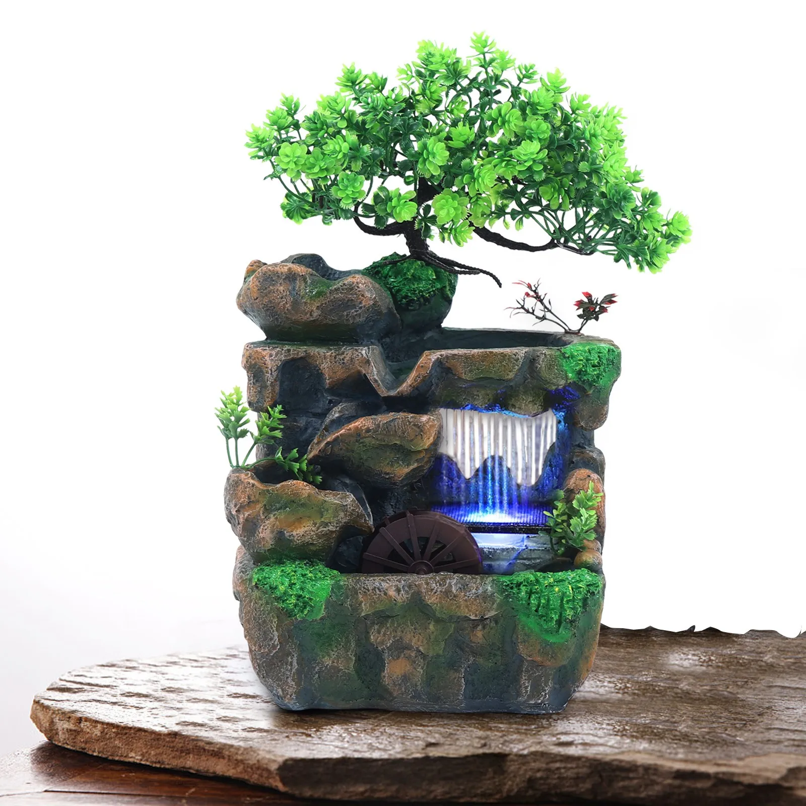 Tischbrunnen mit Farbwechsel-LED-Beleuchtung, Harz-Tischwasserfall mit Wasserrad, für Heim, Büro, Wohnzimmer-Dekoration Neu