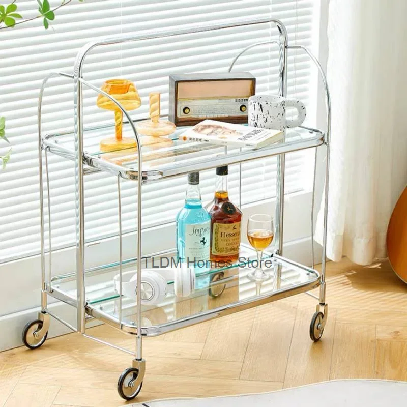 Transparent Glass Dining Car Trolley Home Kitchen Bar Wheel Table Foldable Side Table Living Room Bedroom Mobile Shelf Furniture