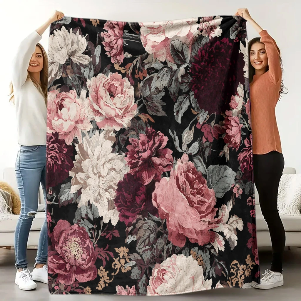 1pc Cozy Floral Pattern Design Flannel Throw Blanket, High Definition Digital Printing, All-Season Use, Casual Blanket, Skin-Fri