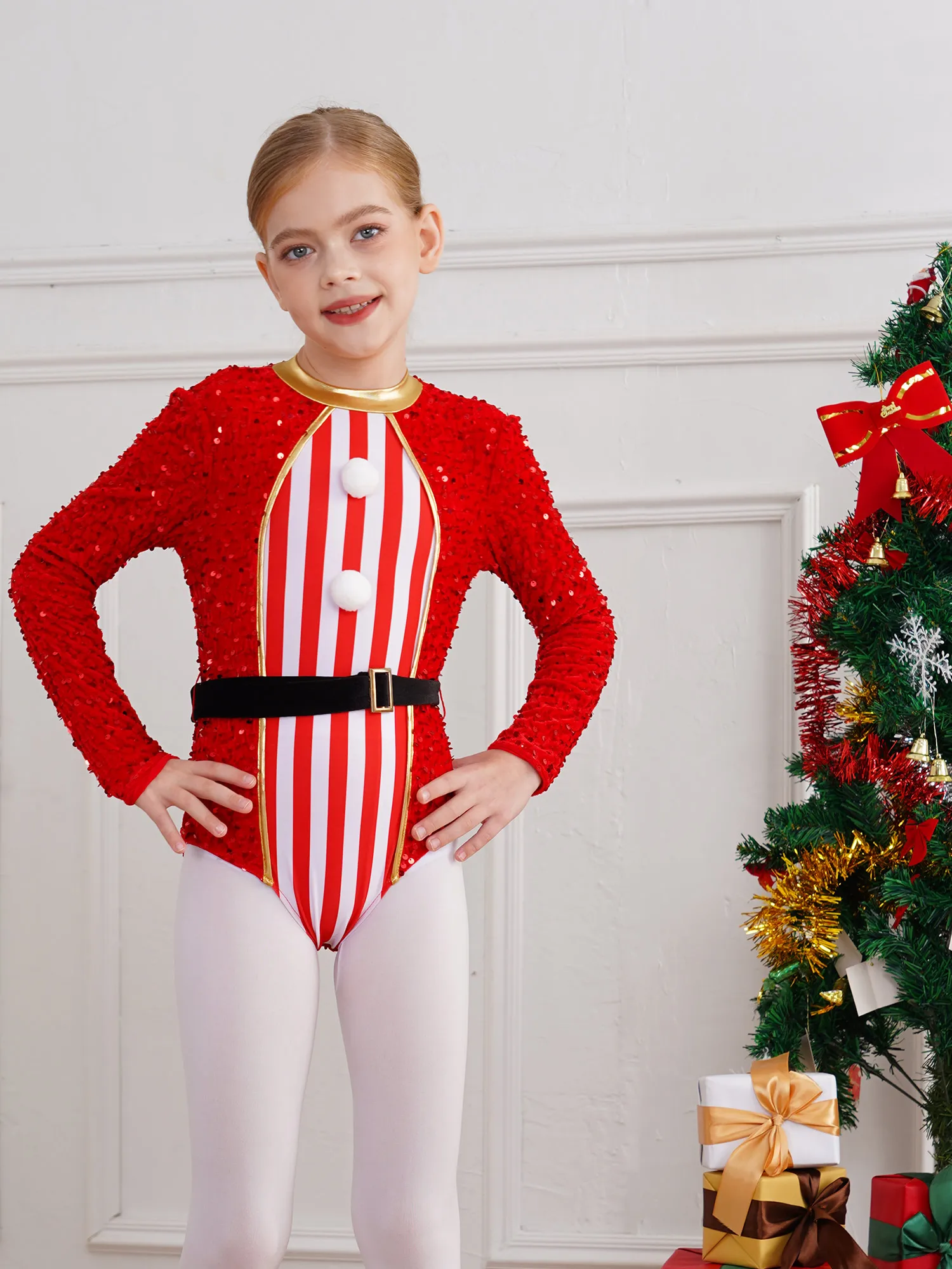 Body de Noël à manches longues pour filles, bodsysuit de ballet, justaucorps à paillettes, costume de cosplay de fête de danse de Noël, rayé, trempé, #6-16