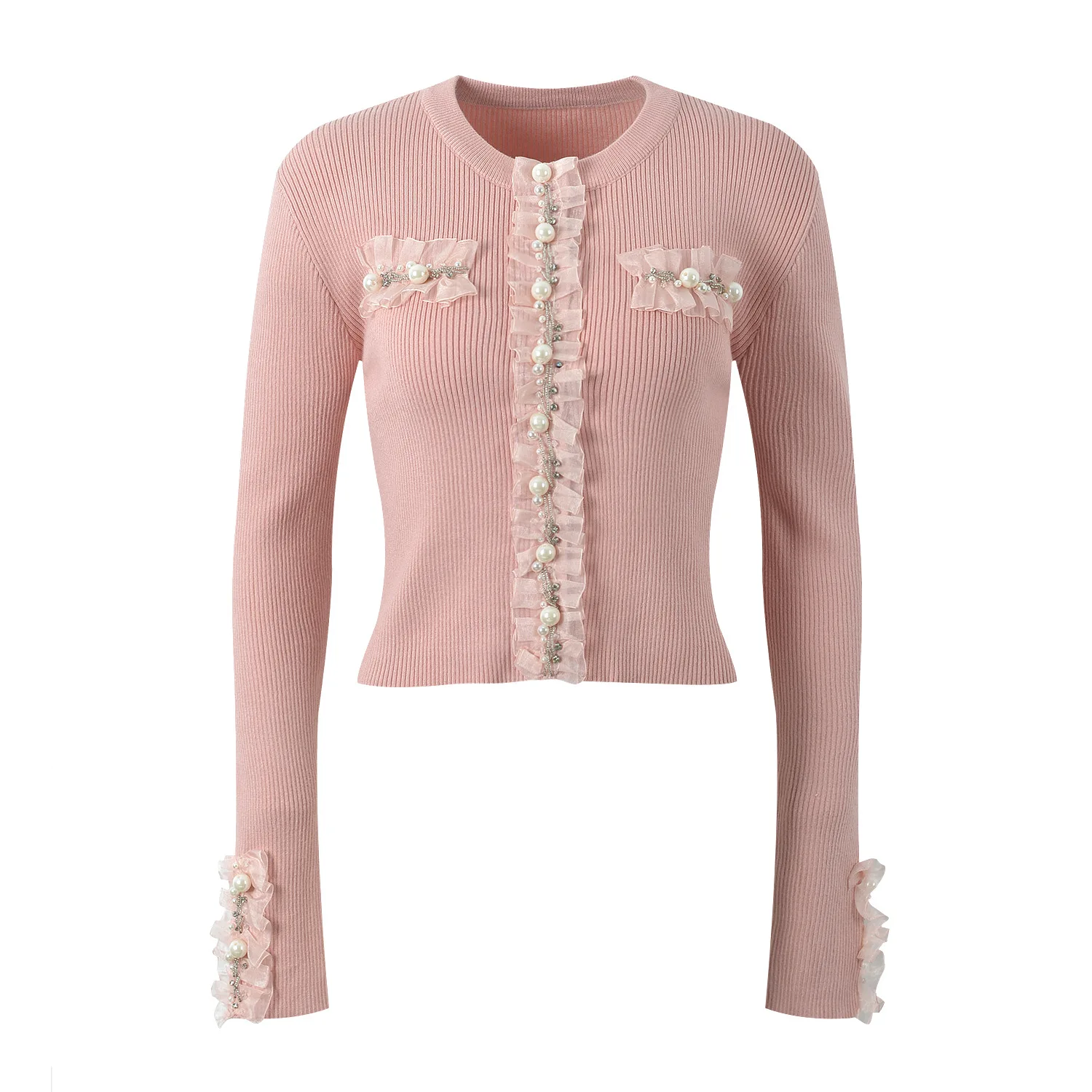 

Высококачественный европейский Sle Sweet Small Fraance Wind Heavy Embellied Round Ne Трикотажный женский длинный свек Slim Fit O...