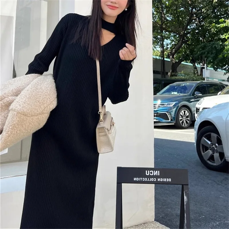 Vestido solto de malha para mulheres, roupas de manga comprida, decote em v, camada baixa pequena, estilo urbano, outono e inverno, E2587