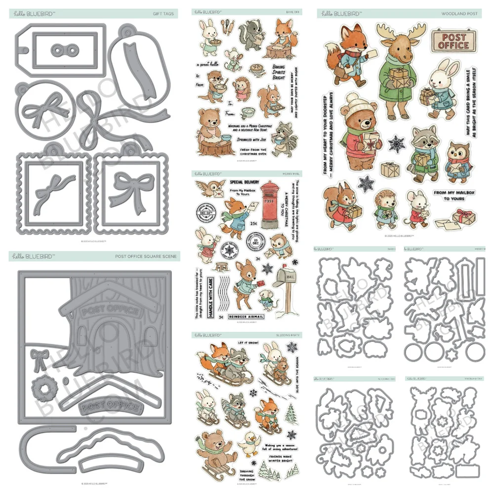 新しいハローブルーバードスタンプとダイ、郵便局広場シーンダイカット、そり遊びパーティー、メリーメールギフトタグ、ダイDIYスクラップブッキングカード