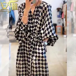 French Leftover Goods Women's Luxury Brand Discount Original Order Withdrawal French Checkerboard Chiffon Dress for Women