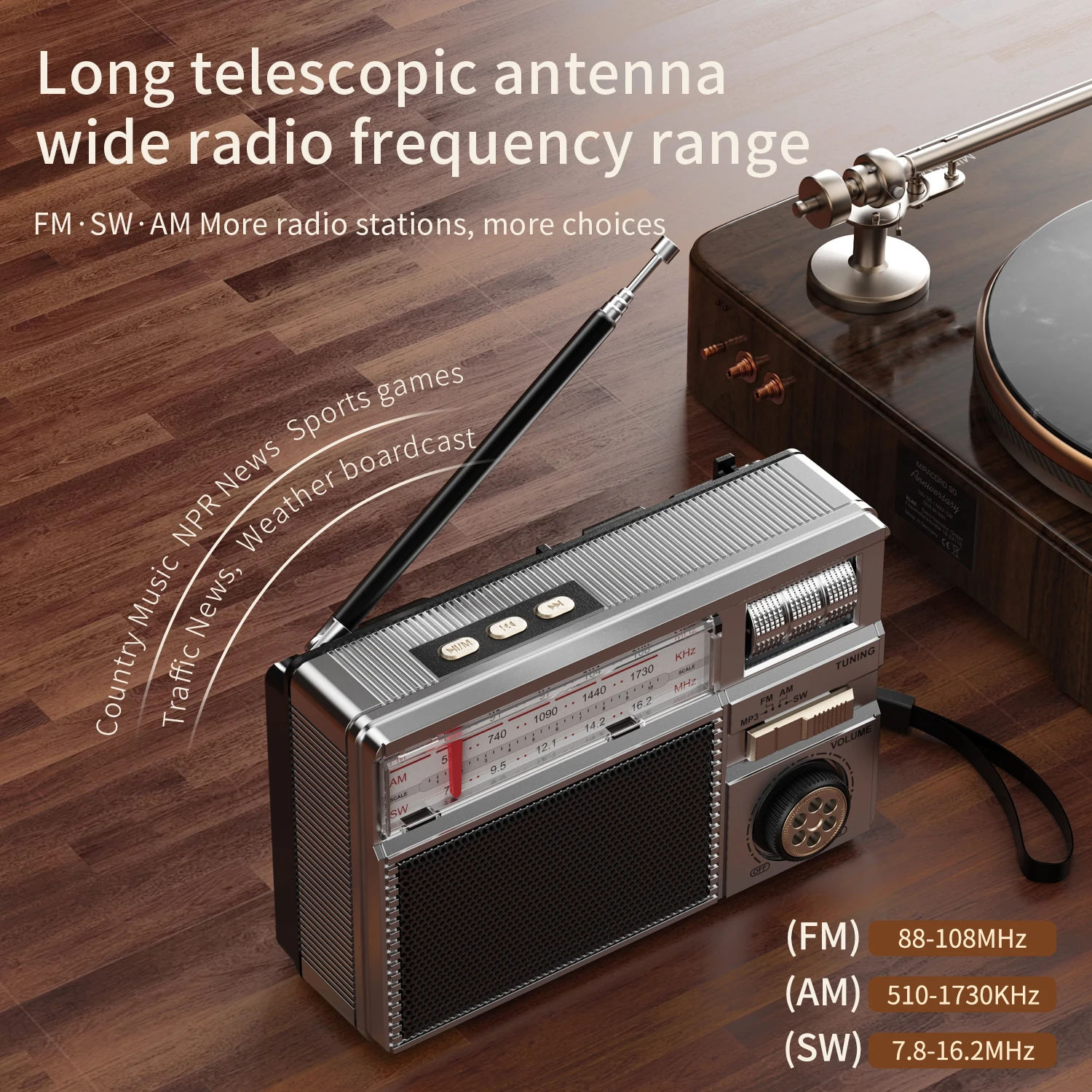 Retro All-Band Radio with Wireless Audio Connectivity, Solar & Multi-Mode Charging, Long-Lasting Battery & Multiple Play Modes