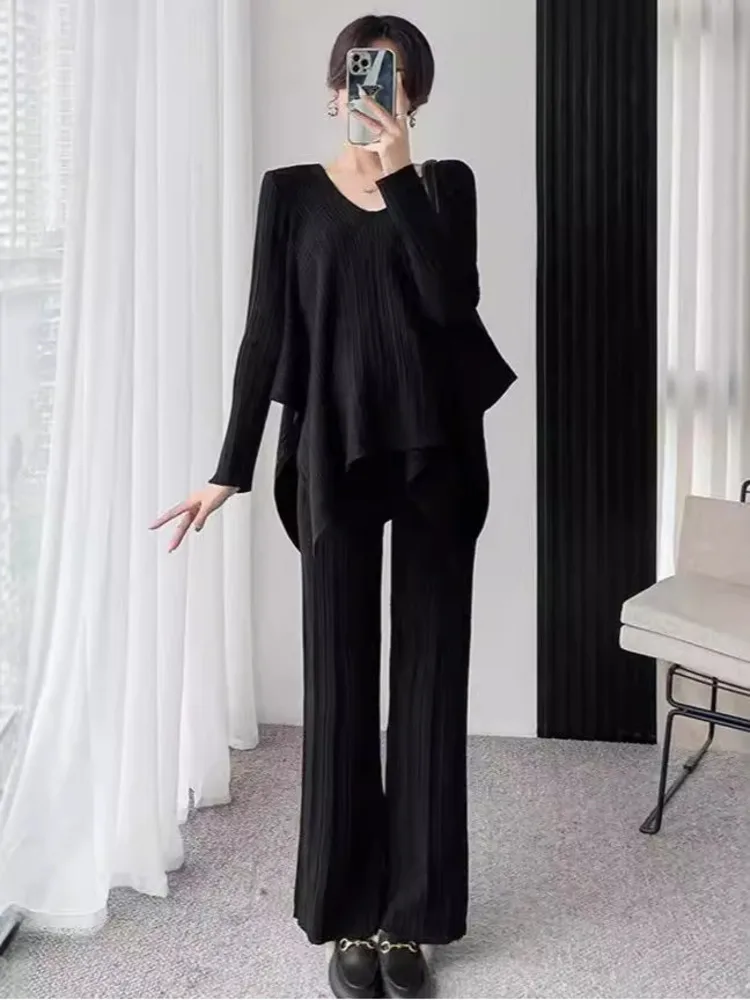 [EWQ] Irregular Ruffles Long Sleeve Knit Tops And High Waist Trousers Casual Elegant Female Set Clothing 2024 Autumn 16O2647