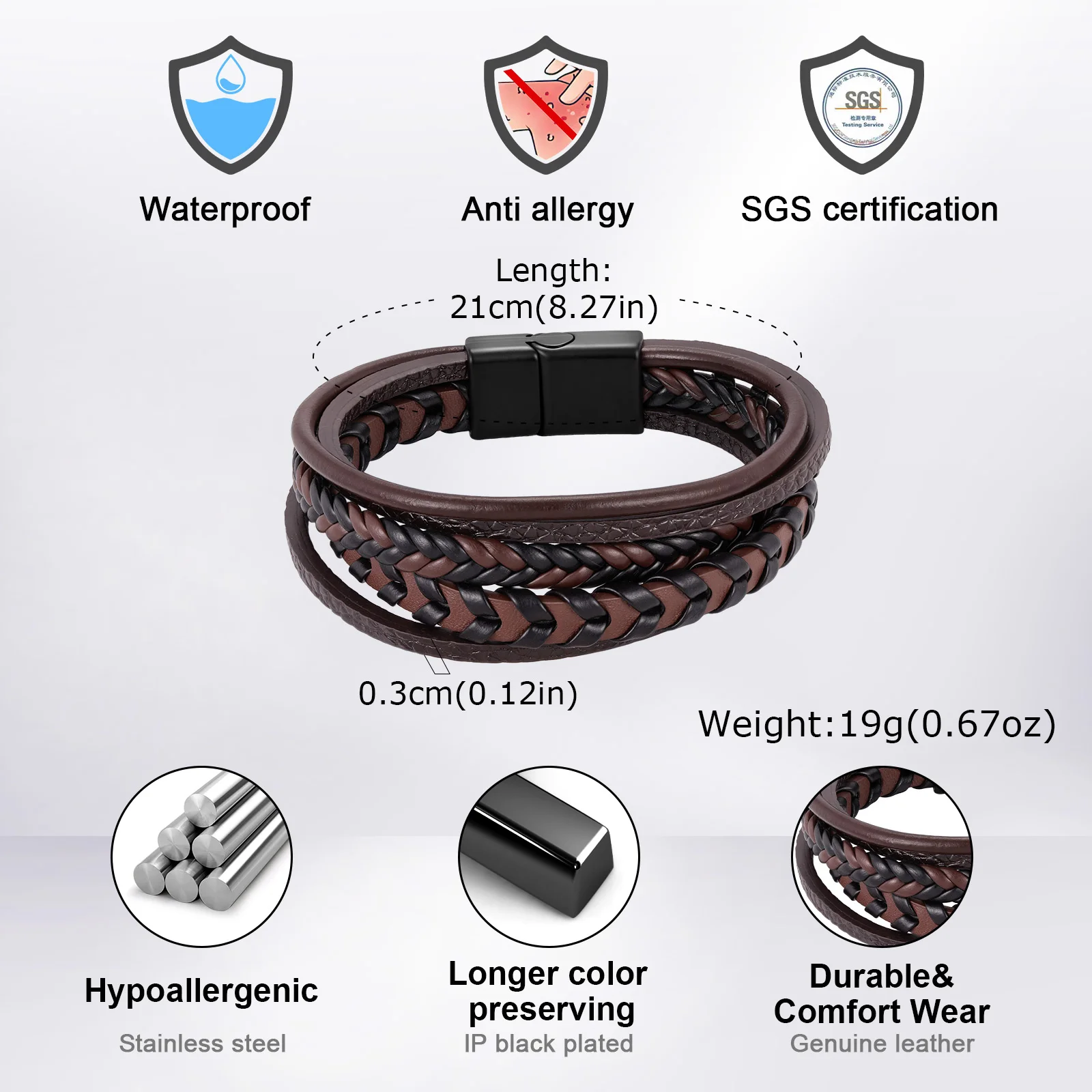 Vnox Herren Lederarmband, mehrschichtig geflochten, mit Magnetverschluss, Vintage-Punk-Stil, handgefertigter Modeschmuck, Geschenk für den täglichen Gebrauch. – Detail 4