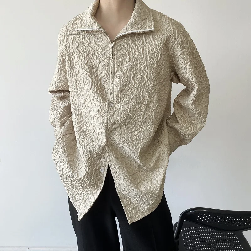 

Spring Season Unique Design Long Sve Men's irt Zipper Collar Pred Flower Retro Sle Simple Trendy Youth Casual irt