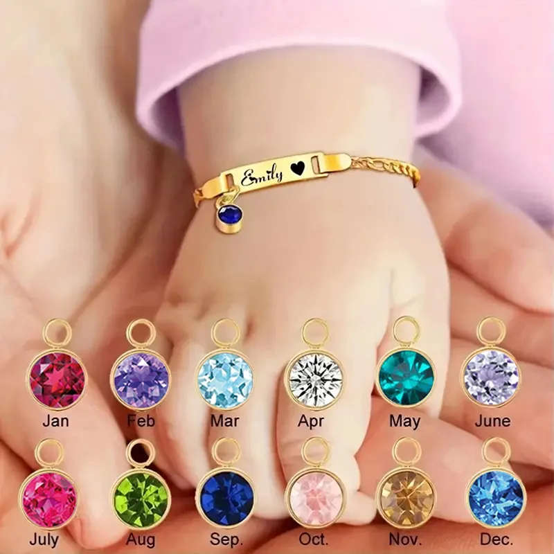 

12 Months Crstyal Birthstone Stainless Steel Custom Bracelet For Kids Girls Boys Personalized Children Jewelry Gifts
