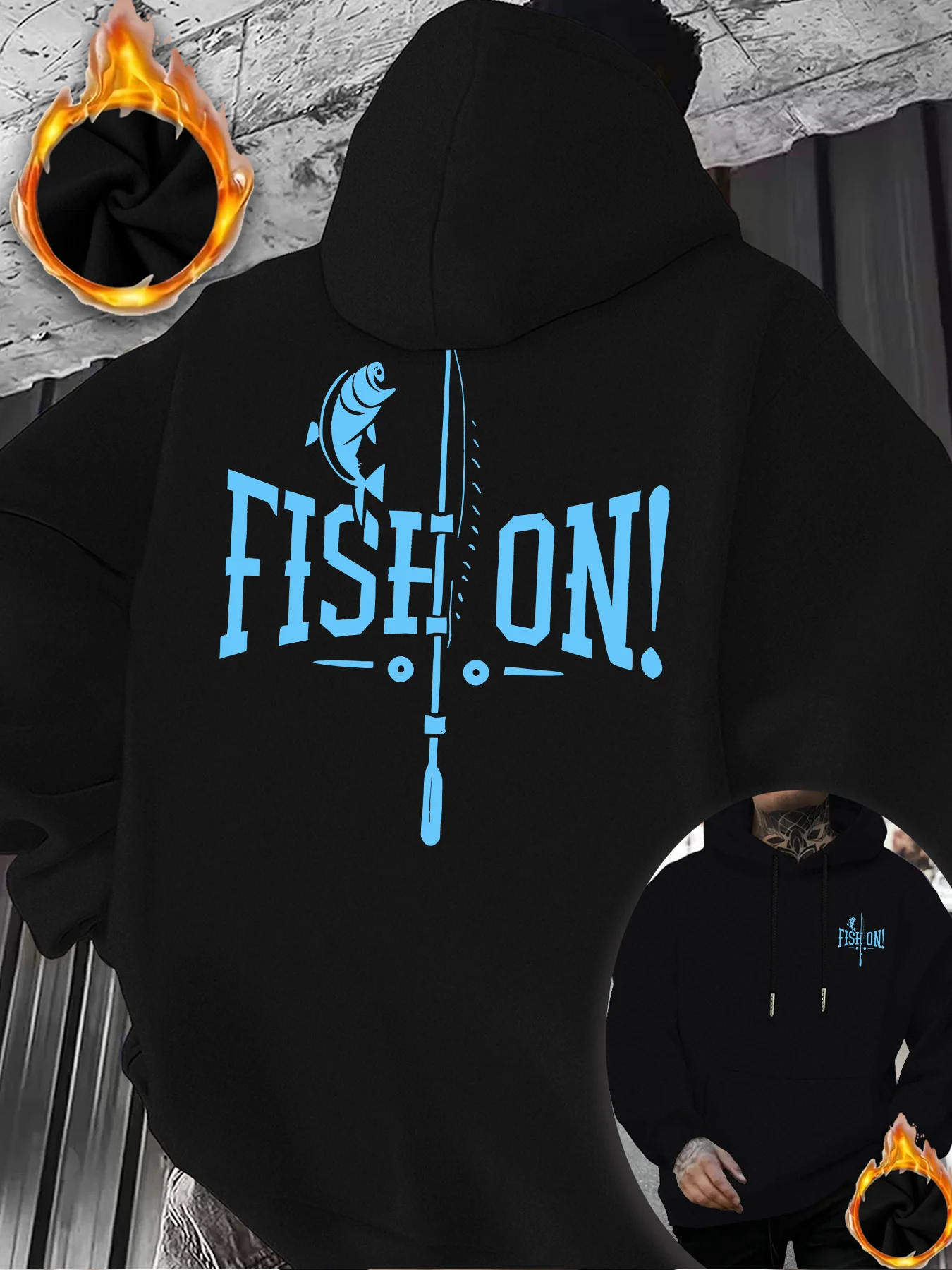 Fish on Angler Fishing Graphic Printed Mens Fleece Hoodies Warm Winter Athletic Sportswear Sweatshirt Casual Loose Workout