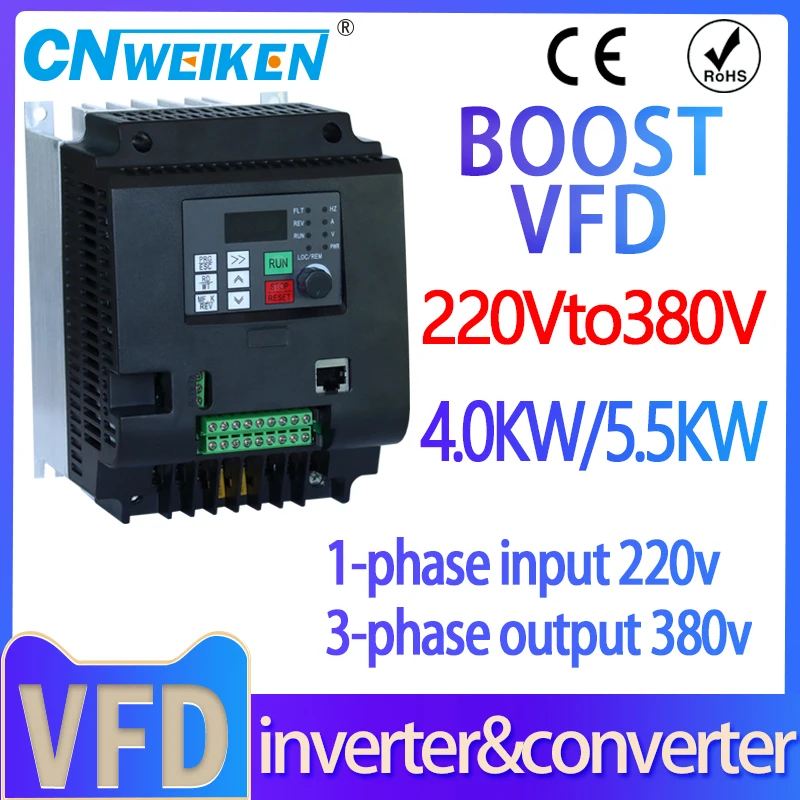 WK600 5.5KW 220V AC single-phase input 220V/380V frequency converter 3-phase output VFD motor drive frequency converter 50/60Hz