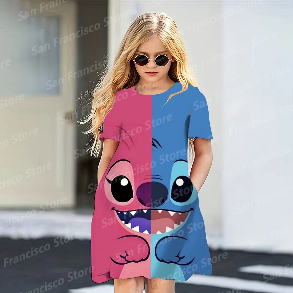 Summer Hot Sale Disney Blue Pink Stitch Girl Birthday Party Casual Dress KID/Adult Parent-Child Dress 3D Printed Love Cartoon