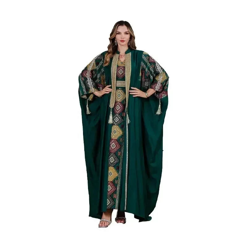 2025 eid muçulmano 2 peça conjunto feminino vestidos bordados aberto abaya terno jalabiya ramadan dubai kaftan festa vestidos cardigan robe