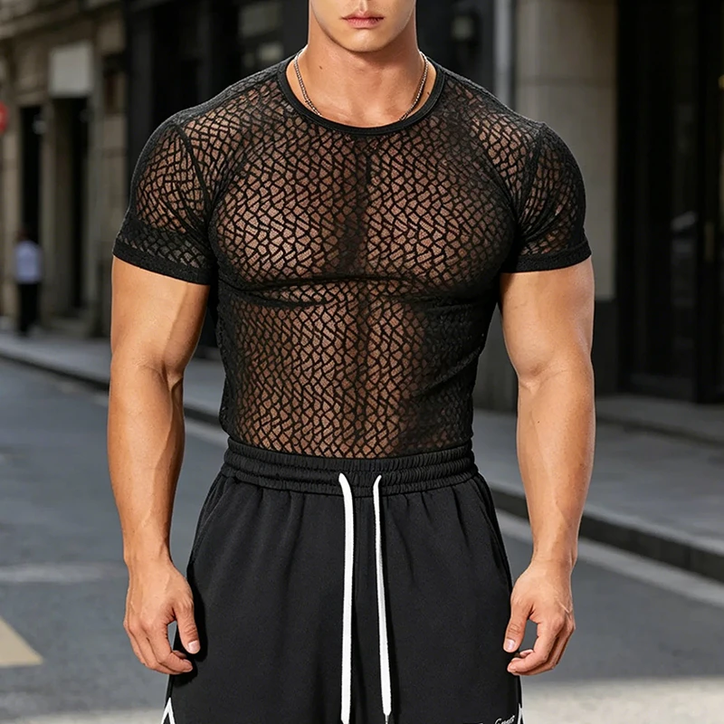 INCERUN Men's Sexy See Through Mesh Short Sleeve T-Shirt Muscle Fit Geometric Hollow Out Crew Neck Party Clubwear Top