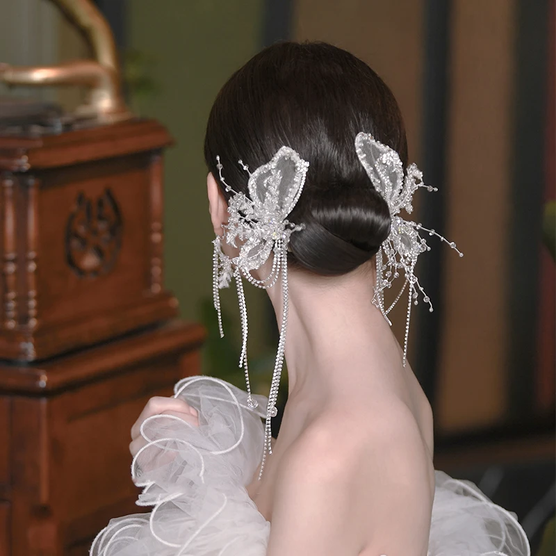 Elegance White Flower Bridal Hairpins with Earring Chain Tassles Head Wear Wedding Hair Accessorie