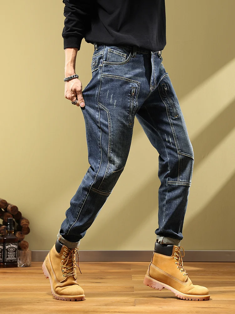 Jeans for Men Spliced Male Cowboy Pants Straight Motorcycle Trousers Skinny Tight Pipe Slim Fit Regular Korean Style Washed Soft