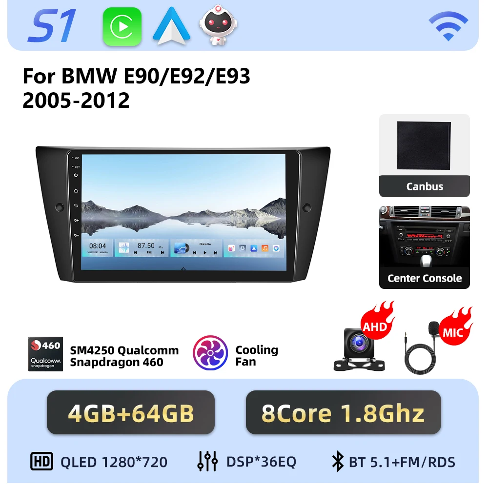 Podofo 8-core Android autoradio voor BMW E90/E92/E93 2005-2012 met draadloze Carplay, Android auto-audio, GPS-navigatie, 4G LTE en WIFI - afbeelding 1